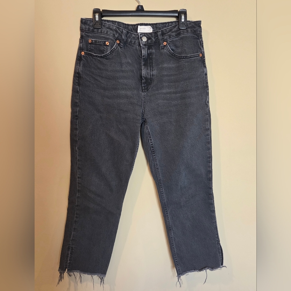 Topshop High Waisted Black Straight Leg Raw Hem Jeans